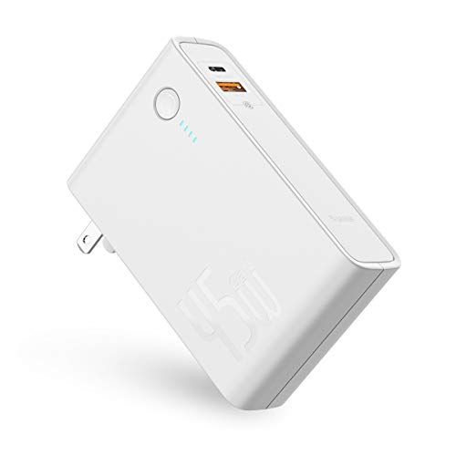 USB C Portable Charger, Baseus 10000mAh Power Bank 2-in-1 45W GaN Tech Wall Charger, PD3.0 Fast Charge Battery Pack f  (C+U（White）), Now Only $18.99