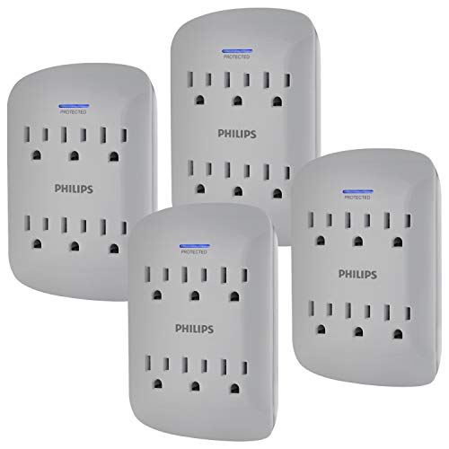 Philips 6-Outlet Extender Surge Protector, 900 Joules, 3-Prong, Space Saving Design, Protection Indicator LED Light, 4 Pack, Grey, SPP3469GR/37, List Price is $24.99, Now Only $19.99
