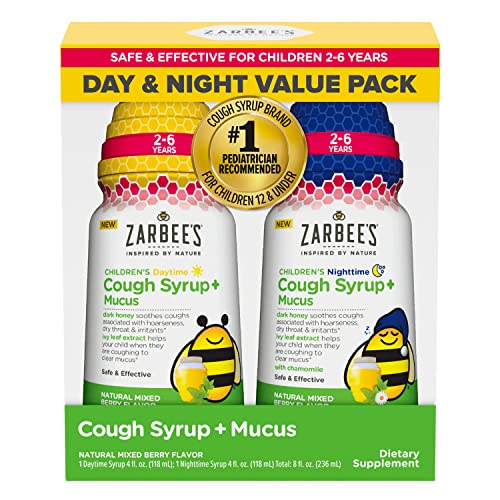 Zarbee’s Kids Cough + Mucus Day/Night Value Pack for Children 2-6 with Dark Honey, Ivy Leaf, Zinc & Elderberry, #1 Pediatrician Recommended,  Mixed Berry Flavor, 2x4FL Oz, Only $12.82