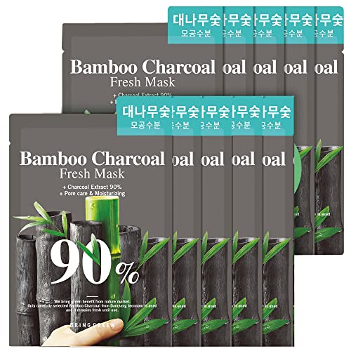 BRING GREEN BAMBOO CHARCOAL 90% Fresh Mask (10 Count) - for Exfoliating, Pore Clarifying, Moisturizing, Smoothening, Refreshing, with Natural Ingredients, Bamboo Moist Complex