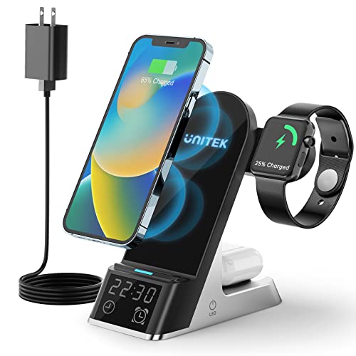 Unitek Wireless Charging Station for Multiple Devices Apple, Qi Certified Charger Fast Wireless Charging Stand with Alarm & Clock for iPhone 13/13 Pro/12/12 Pro/11/X/8, iWatch 1-7, AirPods 2/3/4