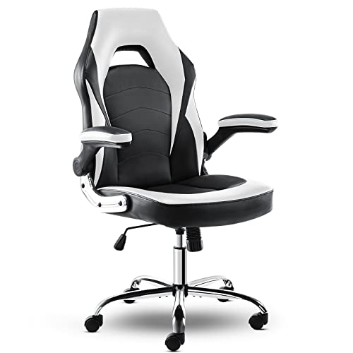 Ergonomic Gaming Office Chair - PU Leather Executive Swivel Computer Desk Chair with Flip-up Armrests and Lumbar Support for Working, Studying, Gaming, Grey, Only $91.46