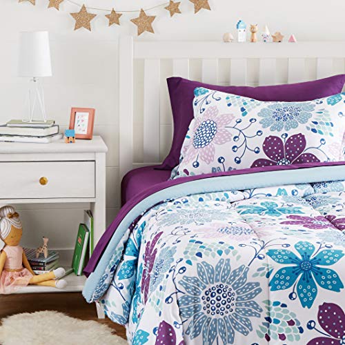 Amazon Basics Kids Bed-in-a-Bag Microfiber Bedding Set, Easy Care, Twin, Purple Flowers - Set of 5 Pieces, Only $22.50