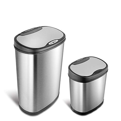 NINESTARS CB-DZT-50-13/12-13 Automatic Touchless Infrared Motion Sensor Trash Can Combo Set, 13 Gal 50L & 3 Gal 12L, Stainless Steel Base (Oval, Silver/Black Lid), Now Only $72.98