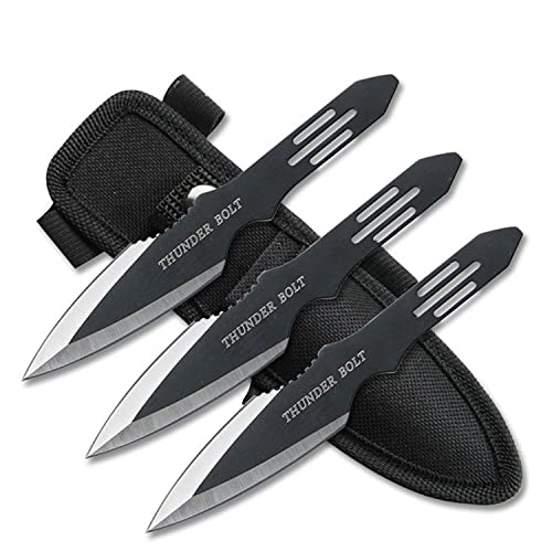 Perfect Point Throwing Knives – Set of 3 – Black/Satin Finish Blades w/ Thunder Bolt Etching, Black Stainless Steel Handles, Nylon Sheath, Full Tang, Well Balanced, – RC-595-3,  Only $4.87