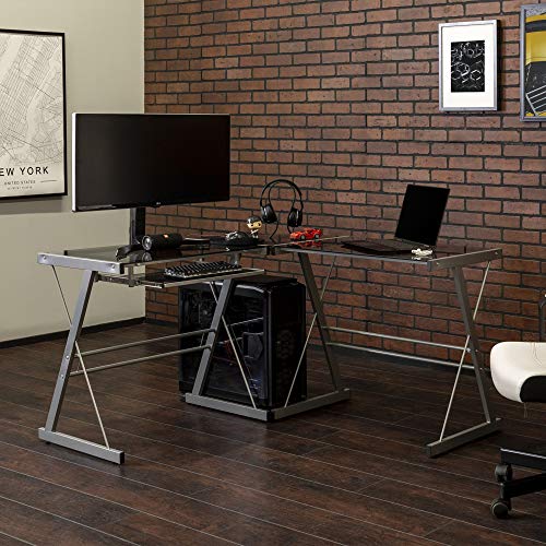 Walker Edison Ellis Modern Glass Top L Shaped Corner Gaming Desk with Computer Keyboard Tray, 51 Inch, Smoke, Now Only $78.99