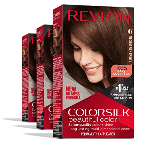 Permanent Hair Color by Revlon, Permanent Hair Dye, Colorsilk with 100% Gray Coverage, Ammonia-Free, Keratin and Amino Acids, 047 Medium Rich Brown, (Pack of 3),  Only $8.75