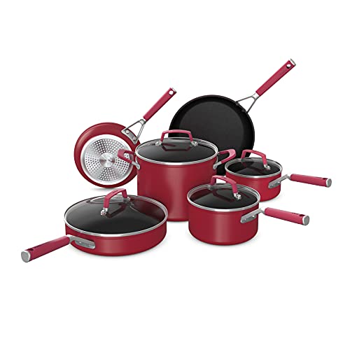 Ninja C29500 Foodi NeverStick Vivid 10-Piece Cookware Set with Lids, Nonstick, Durable & Oven Safe to 400°F, Cool-Touch Handles, Crimson Red, List Price is $329.99, Now Only $179.99