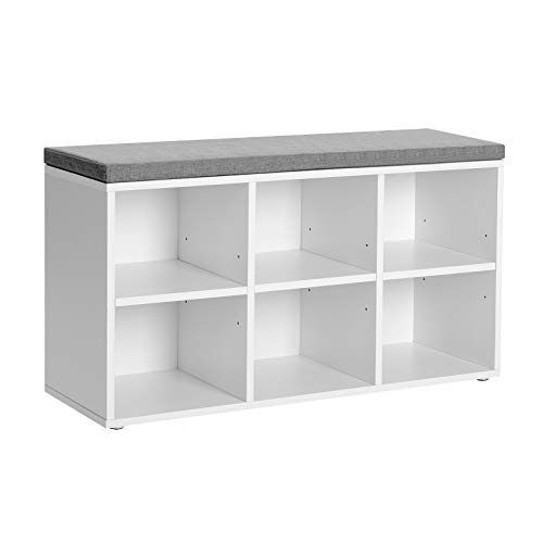 VASAGLE Shoe Bench with 6 Compartments and 3 Adjustable Shelves, Cushioned Seat, Compact and Narrow, for Entryway, Hallway, White + Gray, List Price is $75.99, Now Only $46.80