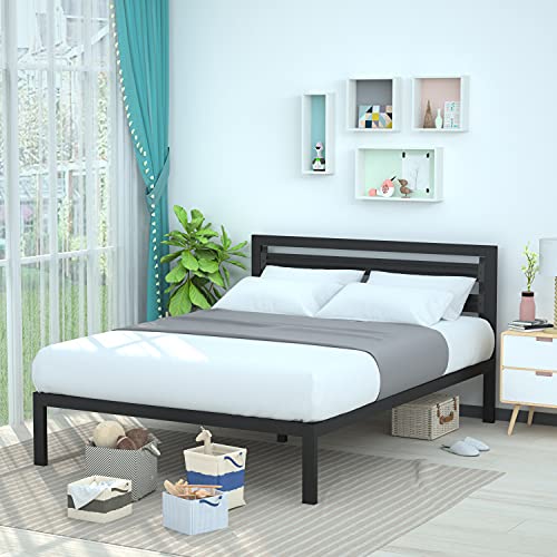 Amazon Basics Metal Bed with Modern Industrial Design Headboard - 14 Inch Height for Under-Bed Storage - Wood Slats - Easy Assemble, Queen, Black, List Price is $201.21, Now Only $114.05
