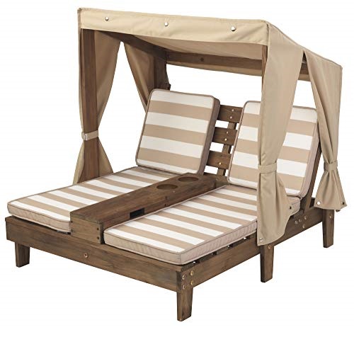KidKraft Wooden Outdoor Double Chaise Lounge with Cup Holders, Patio Furniture for Kids or Pets, Espresso with Oatmeal and White Striped Fabric, List Price is $154.99, Now Only $64.23