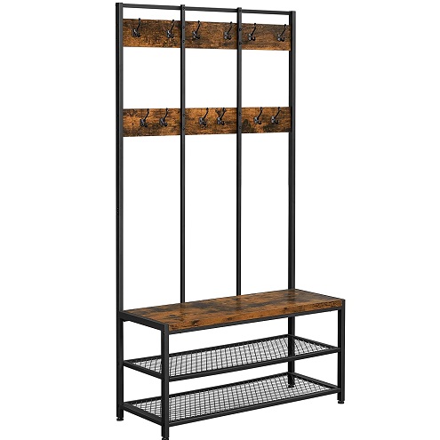 VASAGLE Large Coat Rack Stand, Coat Tree with 12 Hooks and Shoe Bench in Industrial Design, Hall Tree, Multifunctional Hallway Shelf, Office, Bedroom, Rustic Brown and Black UHSR86BX, on;y  $90.00