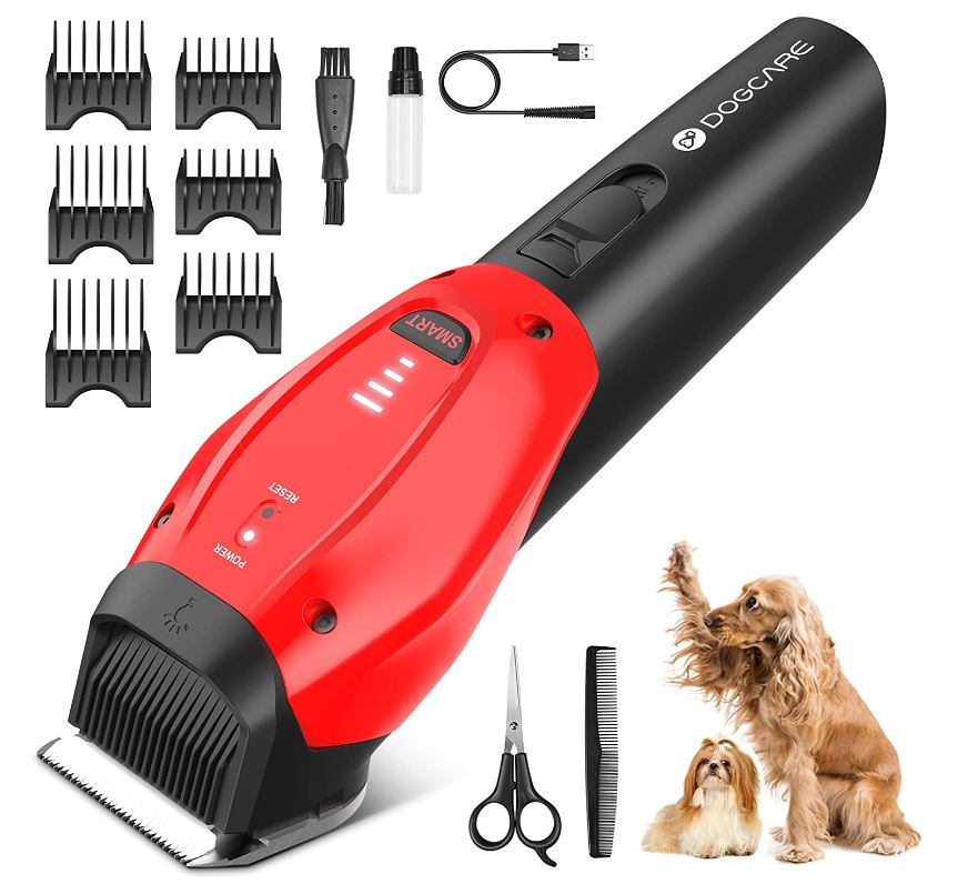 DOG CARE Dog Grooming Kit, Smart 3-Mode, Heavy-Duty Dog Grooming Clippers withRechargeable 180-mins Battery, Cordless Design, Low Noise, Sharp & Detachable Blade with Auxiliary Light, Red