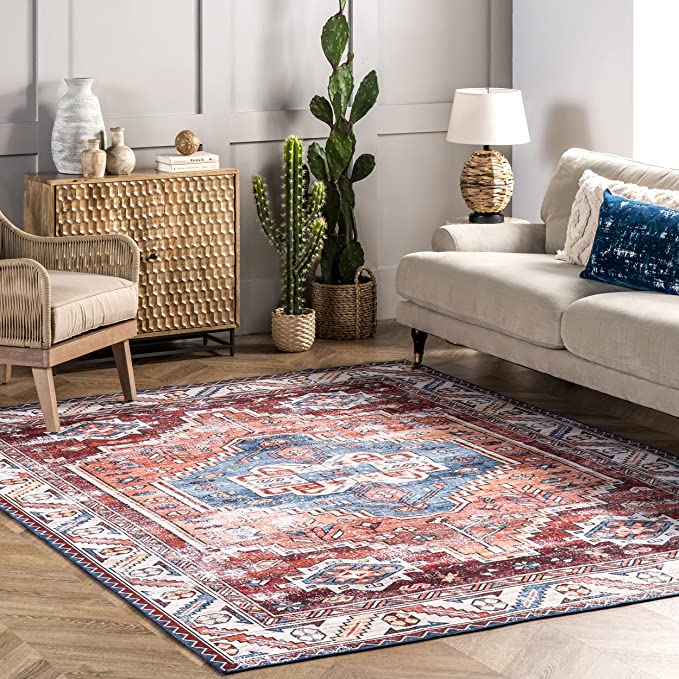 nuLOOM Marli Machine Washable Faded Medallion Area Rug, 8 ft x 10 ft, Rust, only $119.65