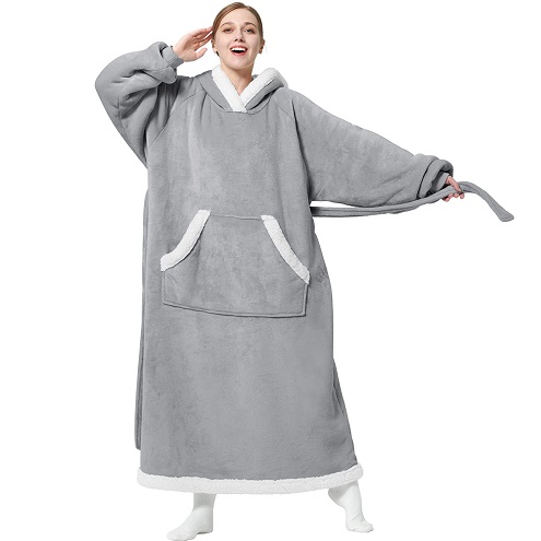 Bedsure Ovesized Wearable Blanket Hoodie, Long Sherpa Fleece Blanket Sweatshirt, with Warm Big Hood, Side Split and Belt, Grey, Standard, only $25.49
