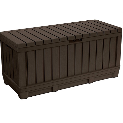 Keter Kentwood 90 Gallon Resin Deck Box-Organization and Storage for Patio Furniture Outdoor Cushions, Throw Pillows, Garden Tools and Pool Toys, Brown, only $118.99