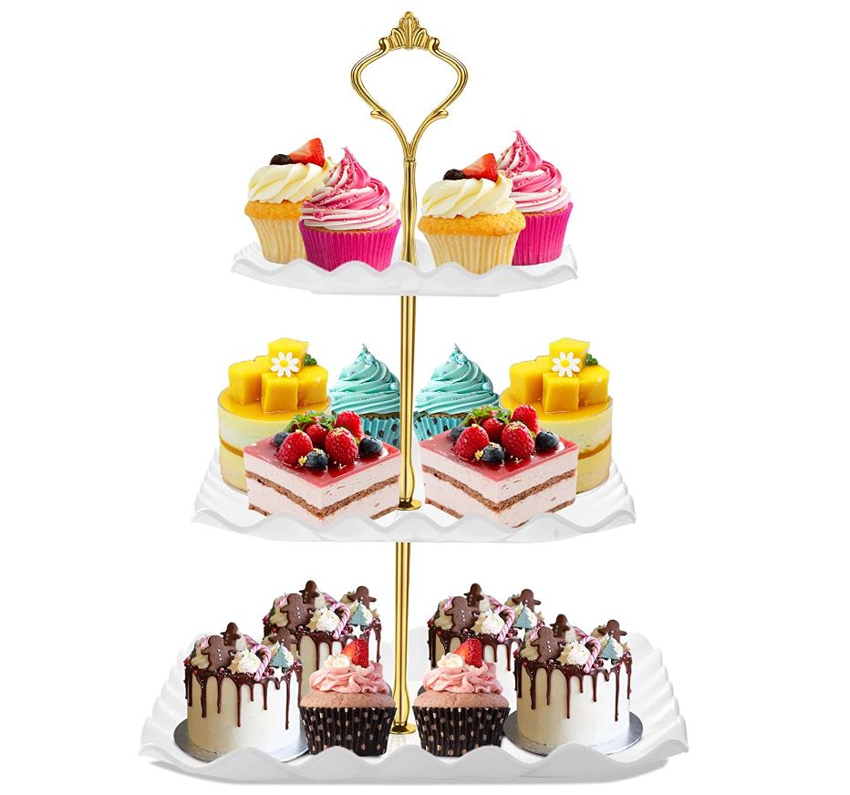 DAFURIET Dessert Cupcake Stand, 3 Tier Cup Cake Holder Tower for Tea Party/Birthday/Weeding, Plastic Tiered Serving Tray with Metal Rod