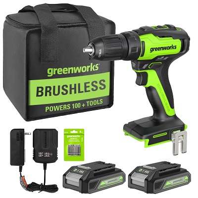 Greenworks 24V Brushless Cordless Drill Kit, 310 in./lbs, 18+1 Position Clutch, 1/2 '' Keyless Chuck, Variable Speed, (2)2Ah Batteries with 2A Charger, LED Light, 8pcs Drill Bits with Tool Bag $69.59