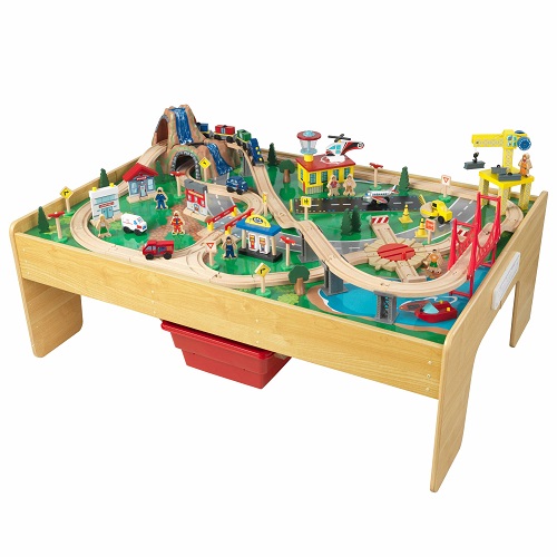 KidKraft Adventure Town Railway Wooden Train Set & Table with EZ Kraft Assembly with 120 Accessories and Storage Bins, Gift for Ages 3+ 43.5