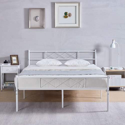 VECELO Metal Queen Size Bed Frame Mattress Foundation with Headboard & Footboard/Firm Support & Easy Set up, Solid White Queen White, Now Only $87.99