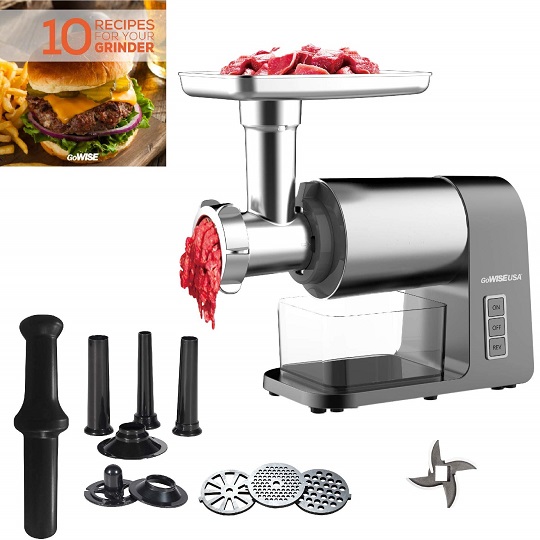GoWISE USA GW88012 Electric Meat 2000-Watt Max Grinder with DC Motor with 3 Grinding Plates, Sausage Accessories, and Recipe Book, Large, Silver, Now Only $99.55