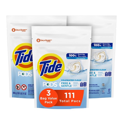 Tide PODS Free & Gentle, Laundry Detergent Soap Pods, Unscented, 3 Bag Value Pack, 111 Count, HE Compatible, List Price is $27.29, Now Only $18.15
