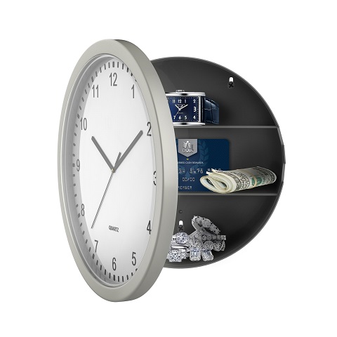 Clock Safe – 10-Inch Battery-Operated Analog Clock with Hidden Wall Safe for Jewelry, Cash, Valuables, and More by Trademark Home (Silver), List Price is $24.99, Now Only $13.78