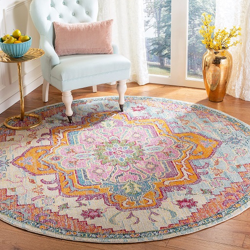 SAFAVIEH Crystal Collection 7' Round Light Blue/Fuchsia CRS501B Boho Chic Oriental Medallion Distressed Non-Shedding Dining Room Entryway Foyer Living Room Bedroom Area Rug  nly $104.62