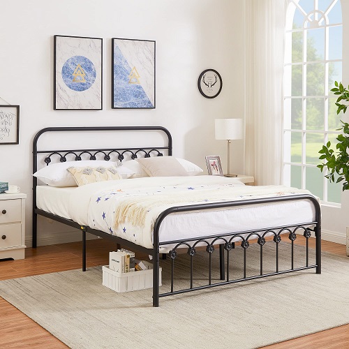 VECELO Classic Metal Platform Bed Frame with Victorian Style Iron-Art Headboard& Footboard No Box Spring Needed,Queen Size Matte Black Queen, Now Only $129.57