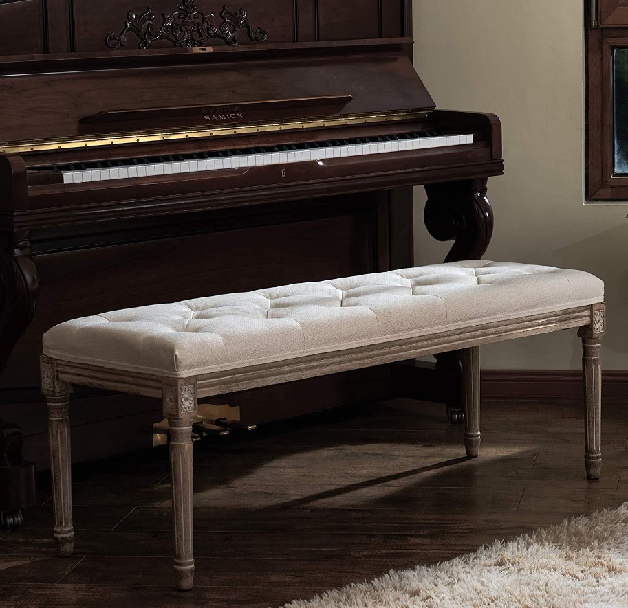 VONLUCE Extra-Long French Vintage Bench with Padded Seat & Rubberwood Legs, 47