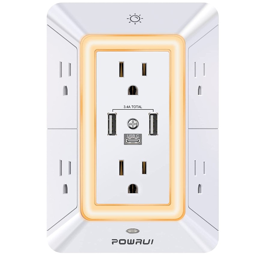 Best Deal 29% OFF POWRUI Surge Protector Outlet Extender with 6 Outlet Splitter and 3 USB Charging Ports and Night Light for $12.74