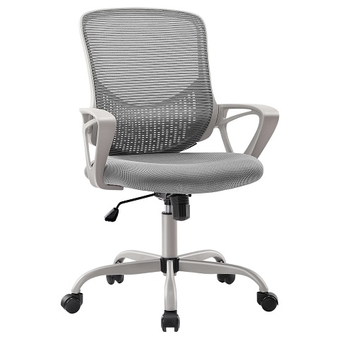 Ergonomic Office Chair - Home Desk Mesh Chair with Fixed Armrest, Executive Computer Chair with Soft Foam Seat Cushion and Lumbar Support, Grey, Only $24.62