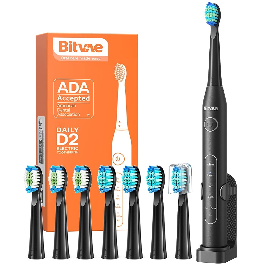 Toothbrushes - Sonic Electric Toothbrush for Adults , American Dental Association Accepted , Rechargeable Travel Toothbrush with 8 Heads , Soft Bristle Toothbrush, Black D2