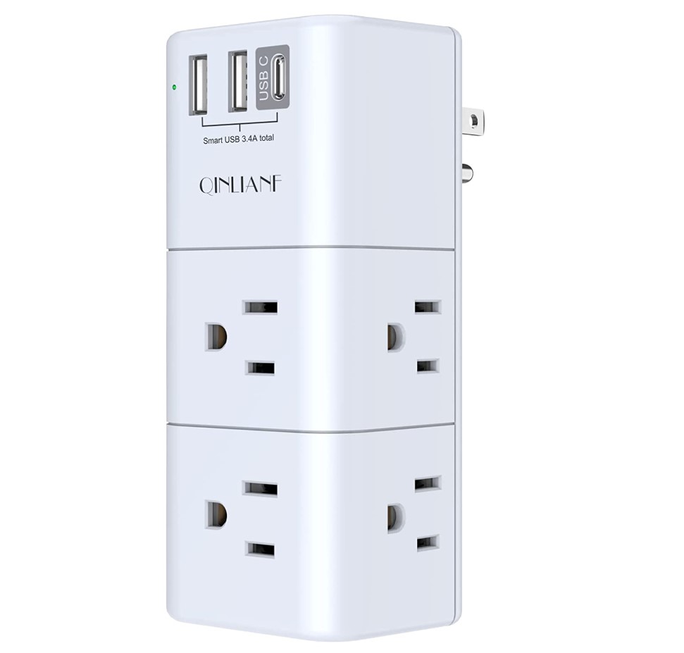 USB Outlet Extender Surge Protector - QINLIANF Multi Plug Outlet with Rotating Plug, 3-Sided Swivel Power Strip with 6 AC Spaced Outlet Splitter and 3 USB Ports (1 USB C) for Travel, Home, Office,ETL
