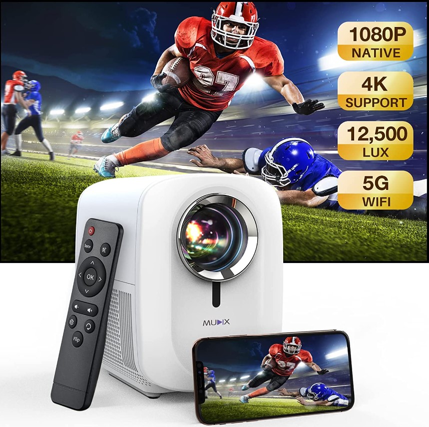 WiFi Projector - MUDIX Movie Projector Native 1080P 2.4+5G WiFi Portable Video Projector, 12500 Lumens Mini Projector with Remote Control HD AV USB for Phone Laptop DVD, iOS Android Wireless Display