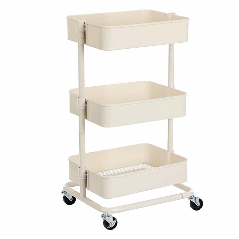 SONGMICS 3-Tier Metal Rolling Cart with Adjustable Shelves, Storage Trolley with 2 Brakes, Easy Assembly, 28.9