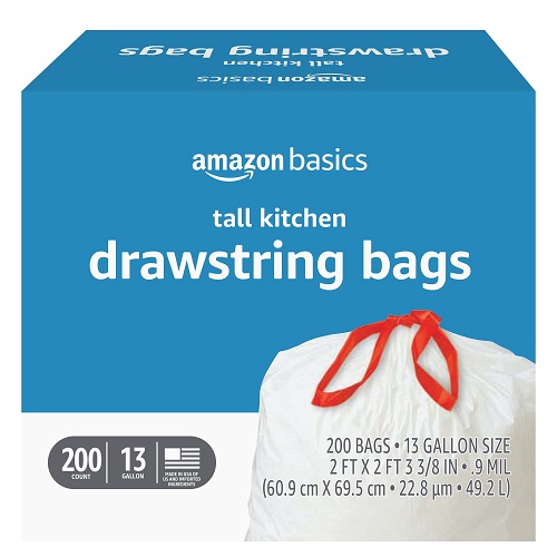 Amazon Basics Tall Kitchen Drawstring Trash Bags, 13 Gallon, 200 Count (Previously Solimo) Unscented  200 Count (Pack of 1), Only $18.40