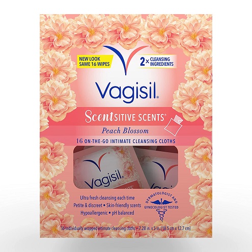 Vagisil Scentsitive Scents On-The-Go Feminine Cleansing Wipes, pH Balanced, Peach Blossom, Individually Wrapped, 16 Count (Pack of 1), Now Only $1.87