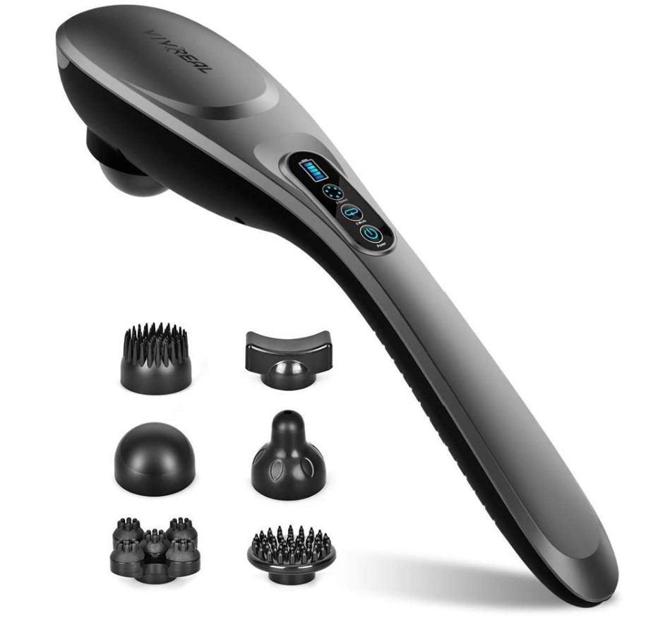 Handheld Massager - 6 Speeds & 6 Modes, 6 Interchangeable Nodes, Cordless Massager Muscle Massager for Back, Foot, Neck, Shoulder, and Leg, Body Pain Relief, Home & Office, Grey