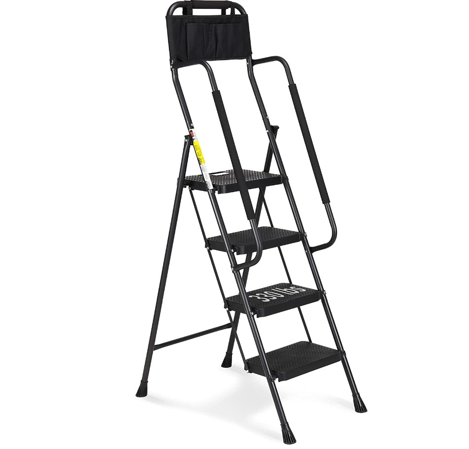 HBTower 4 Step Ladder with Handrails, 330 lbs Folding Step Stool with Attachable Tool Bag & Anti-Slip Wide Pedal for Home Kitchen Pantry Office (4-Step)