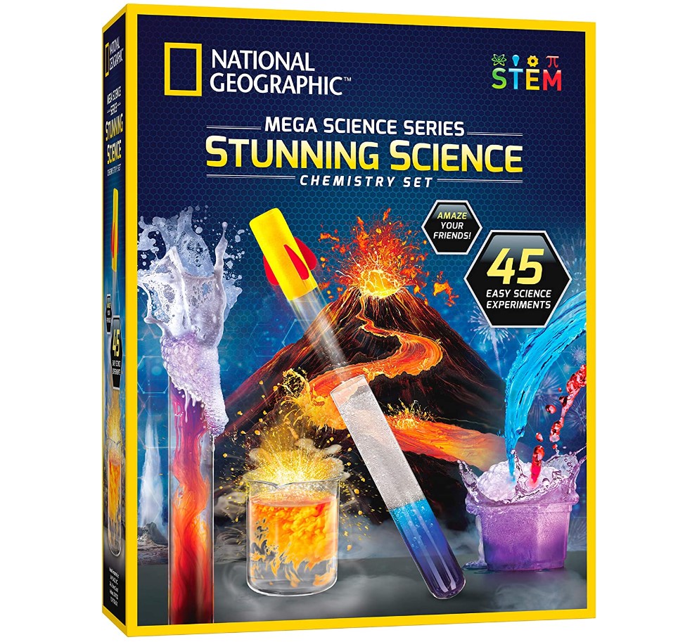 NATIONAL GEOGRAPHIC Stunning Chemistry Set - Mega Science Kit with 45 Easy Experiments, Make a Volcano, Launch a Rocket, Create Fizzy Reactions, & More, STEM Toy (Amazon Exclusive)