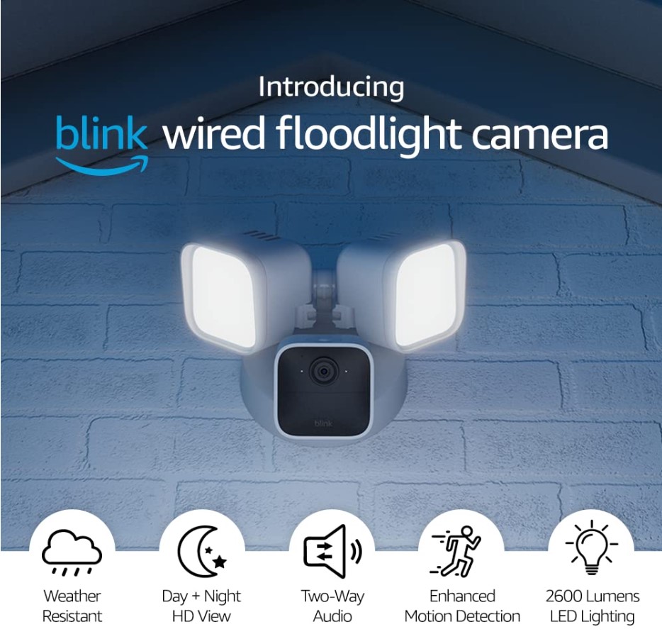 Blink Wired Floodlight Camera – Smart security camera, 2600 lumens, HD live view, enhanced motion detection, built-in siren, Works with Alexa – 1 camera (White)