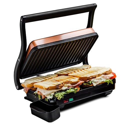 Ovente Electric Indoor Panini Press Grill with Non-Stick Cooking Plate, 1000W Thermostat Control and Removable Drip Tray for Easy Clean, Ideal 2-Slice Sandwich Maker,  GP0620CO   Only $19.99