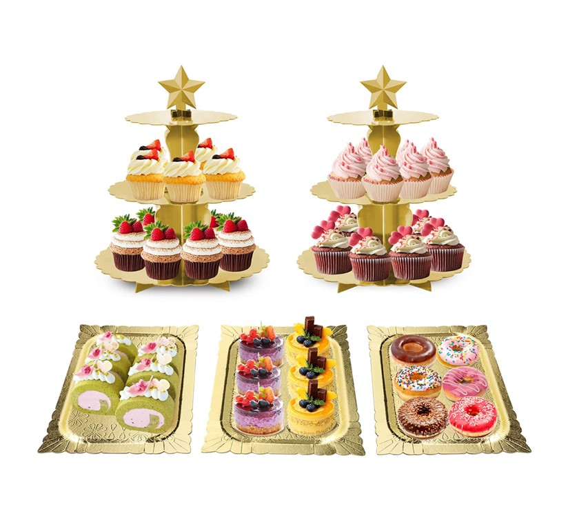 5 Pieces Dessert Table Display Set, DAFURIET Cupcake Stand Holder/3 Tier Cardboard Cup Cake Tower with Serving Tray for Brunch, Tea Party and More