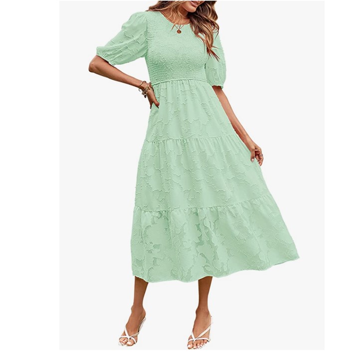MEROKEETY 2023款泡泡袖立体花纹蕾丝中长连衣裙， 仅售$44.99免运费