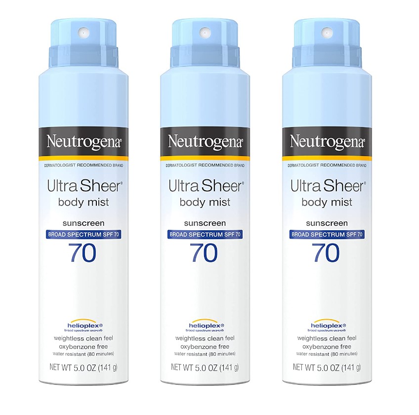 Neutrogena露得清 Ultra Sheer 广谱 SPF 70防晒喷雾，轻盈、不油腻、防水、5 oz/瓶，共3瓶，原价$39.96，现仅售$22.77，免运费！