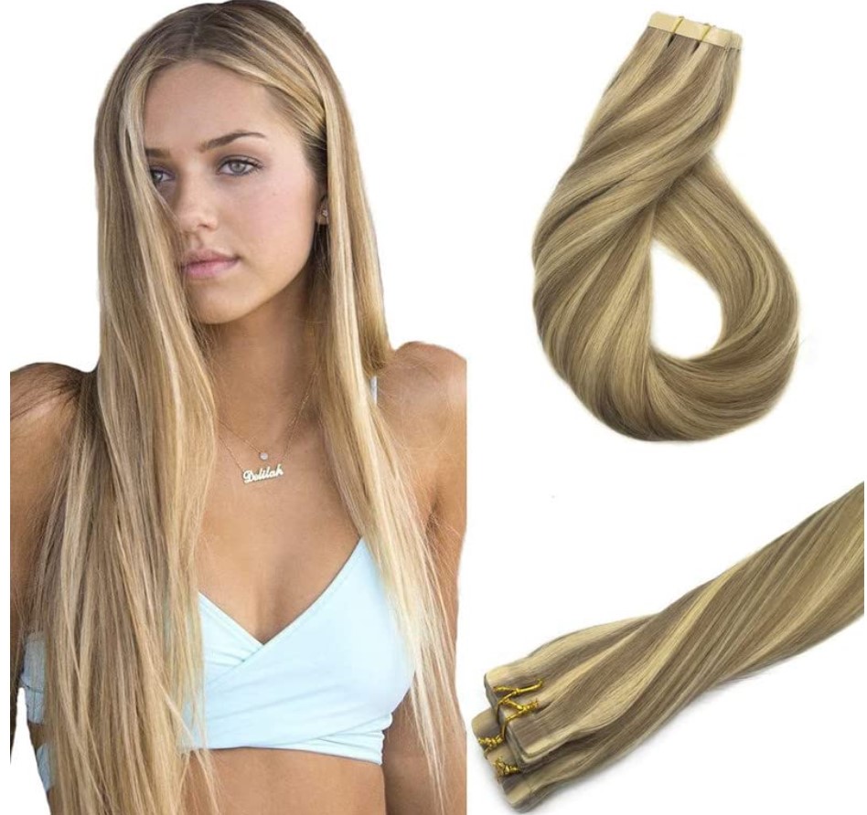 GOO GOO Hair Extensions Tape in Light Blonde Highlighted Golden Blonde Remy Tape in Human Hair Extensions Silky Straight 20pcs 40g 12inch
