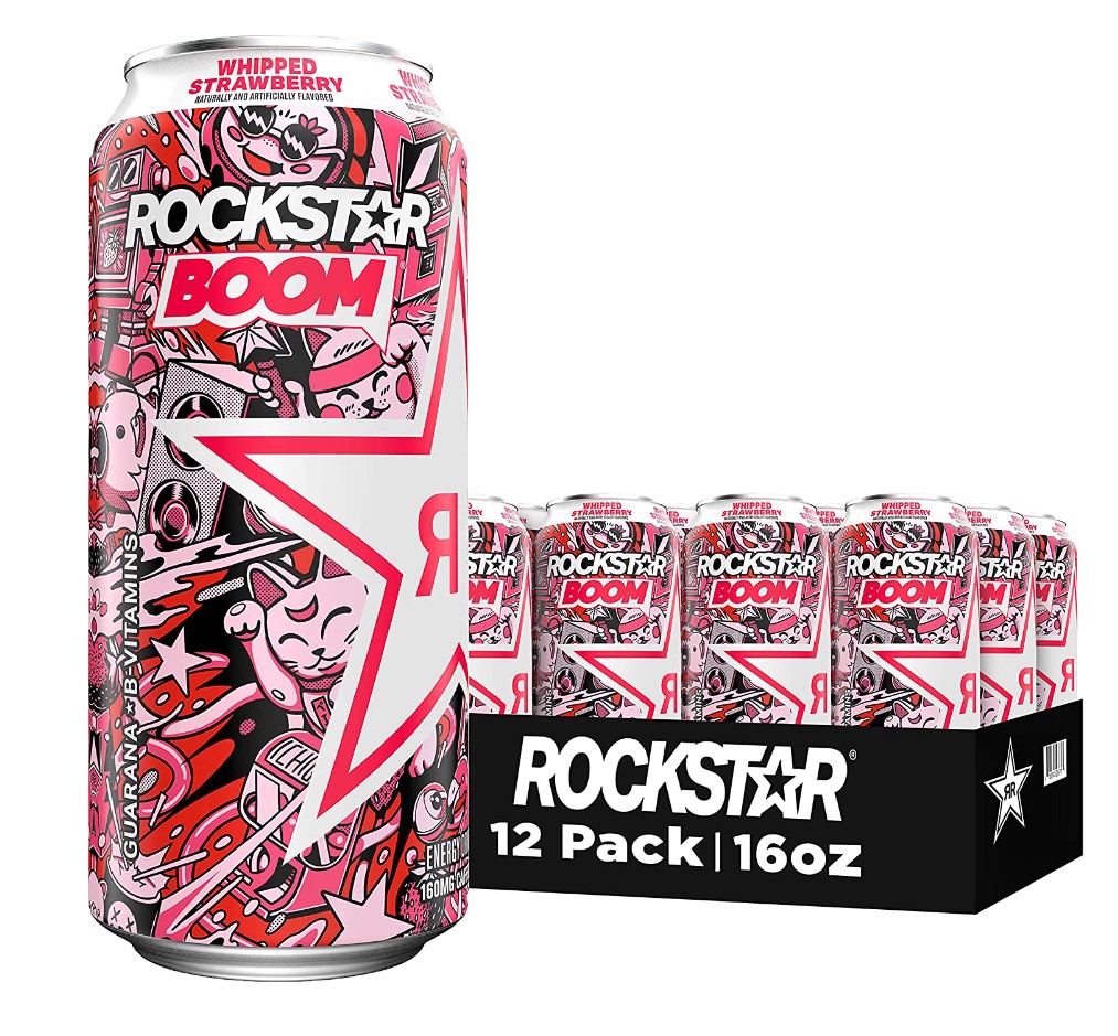 Rockstar, Boom Energy Drink with Caffeine and Taurine 16oz Cans Pack Packaging May Vary, Whipped Strawberry, 12 Count