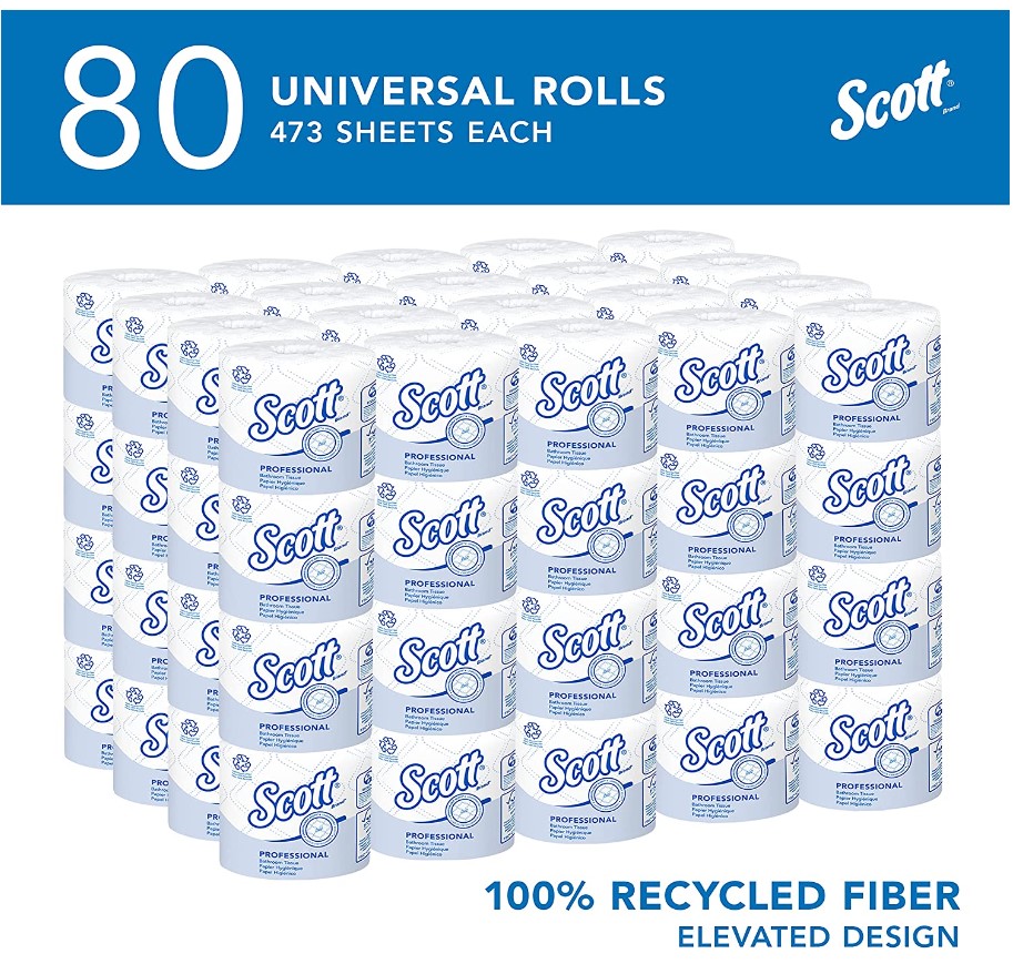 Scott Essential Professional 100% Recycled Fiber Bulk Toilet Paper for Business (13217), 2-PLY Standard Rolls, White, 80 Rolls / Case, 506 Sheets / Roll, Only $49.36, free shipping