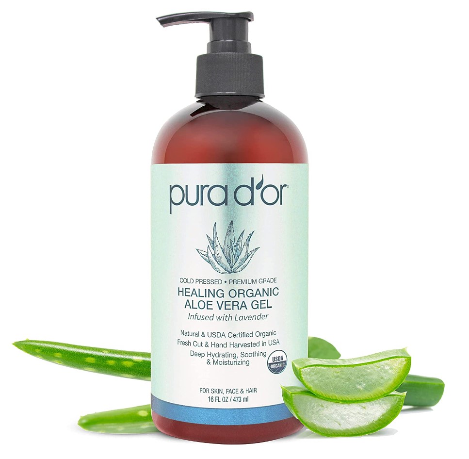 PURA D'OR Organic Aloe Vera Gel Lavender (16oz) All Natural - ZERO Artificial Preservatives - Deeply Hydrating & Moisturizing - Sunburn, Bug Bites, Rashes, Small Cuts, Eczema Relief - For Skin & Hair